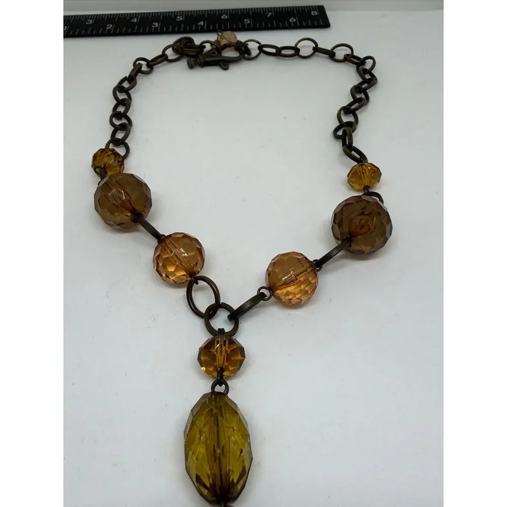 Oak Leaf Pendant Necklace Amber Faceted Beads Bronze Tone Boho Fall Statement